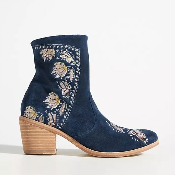 Anthroplogie Italian Cowboy Embroidered Blue Suede Western Boots Size 36